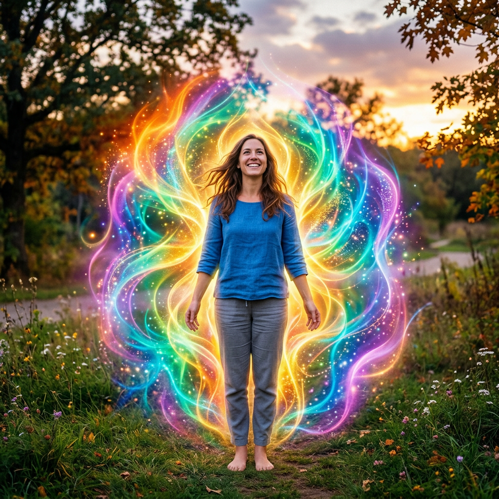 Smiling woman standing outdoors barefoot with glowing multicolored energy aura around her